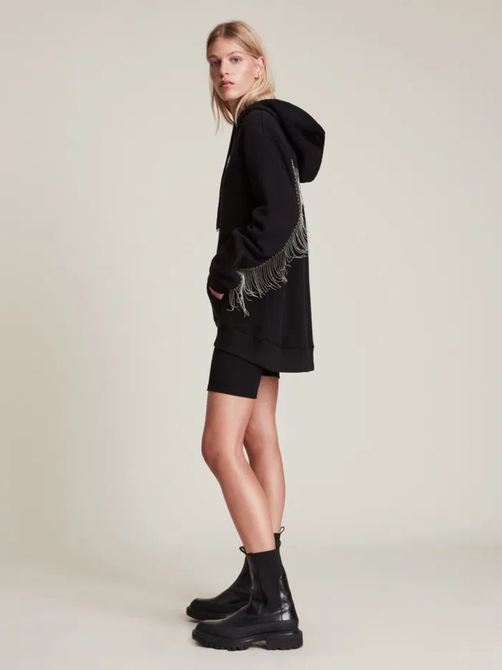Black Hooded Fringe Sweatshirt - Women